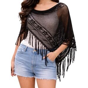 Vintage Black Crochet Fringe Triangle Shawl Scarf Boho Festival Wrap Black